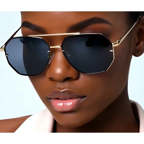 Sunglasses Flat Top Fashion Forward Gold UV400 Protection Dark Black Lens Women - Picture 5 of 10